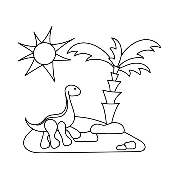 Kleurboek voor kinderen printen online. Leuke dinosaurus op een eiland met een palmboom. Dieren en natuur. — Stockvector