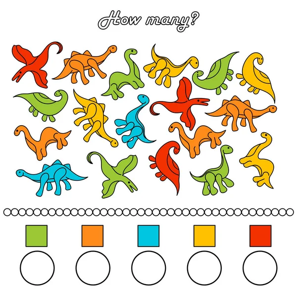 给学龄前儿童玩的游戏在图片中尽可能多地统计出相同颜色的恐龙数量。写下结果. — 图库矢量图片