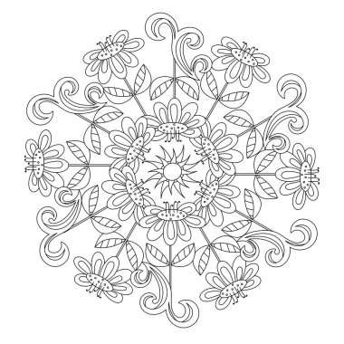 Boyama kitabı. Mandala, stilize çiçekler ve soyut şekiller. Vektör illüstrasyonu