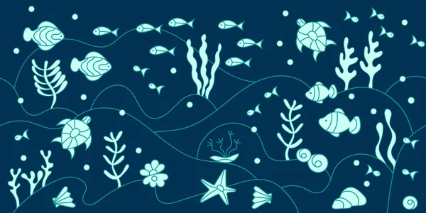 Seamless Border Water Doodles Underwater World Sea Ocean River Marine — Stock Vector