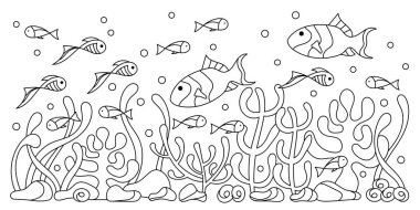 El yapımı su altı sınırı. Yetişkinler için boyama kitabı. Yatay mercan resifi, yosun balığı. Sualtı tabanının vektör dokusu. Mavi ve beyaz