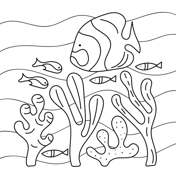 Färgläggning För Barn Havsbotten Undervattensvärlden Fisk Och Växter Vågor Doodle — Stock vektor