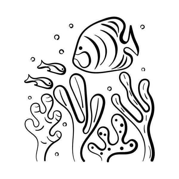 Färgläggning För Barn Havsbotten Undervattensvärlden Handritad Fisk Och Växter Doodle — Stock vektor