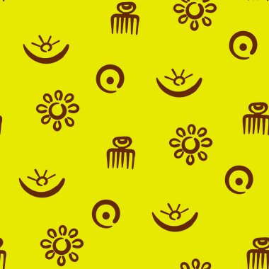 Afrika Adinkra 'nın kusursuz deseni - antik etnik sembollerin çizimleri ve Gana kabilelerinin ekran baskısı. Ritüel ekran yazdırma. Elle boyanmış Vektör Sanatı