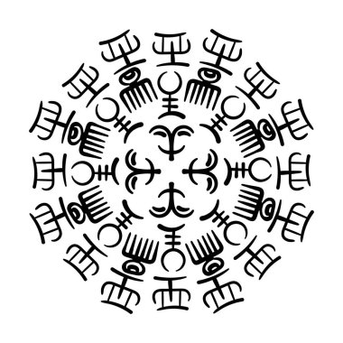 Adinkra Sembolleri. Kadim etnik sembollü yuvarlak vektör çizimi. Afrika 'nın ayinsel ekran baskısı. Sanatsal el resmi