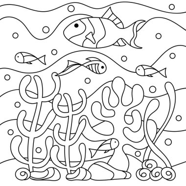 Büyük çocuklar için boyama kitabı, Sualtı. Denizci vektör motifi. Su altı dünyasının karalamaları, deniz, okyanus, nehir. Balık, kabuk ve mercan, yosun ve dalgalar. Tek renkli olsun. Akvaryumlar.
