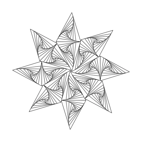 Yetişkinler için boyama kitabı. Tek renkli soyut mandala, üç boyutlu sekiz köşeli yıldız. Geometrik süs, optik illüzyon, desenli tasarım elementi. Vektör illüstrasyonu