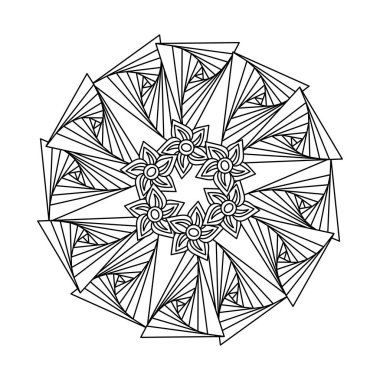 Yetişkinler için boyama kitabı. Tek renkli soyut mandala, 3D. Geometrik süs ve çiçekler, optik illüzyon, desenli tasarım elementi. Vektör illüstrasyonu