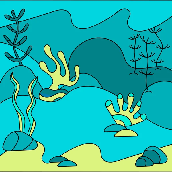 Mundo submarino multicapa, paisaje con algas marinas. Silueta de plantas. Ilustración vectorial dibujada a mano para el fondo — Archivo Imágenes Vectoriales