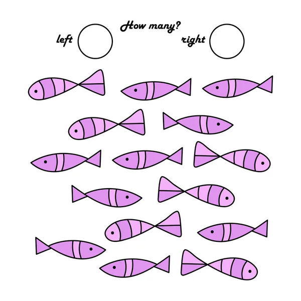 Juego Para Niños Edad Preescolar Cuenta Cuántos Peces Nadan Izquierda — Vector de stock