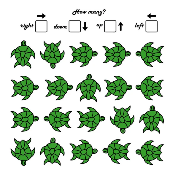就学前の子供のためのゲーム 右側にウミガメが何匹泳いでいるか 左側に何匹泳いでいるかを数えます 結果を書きなさい ベクトルイラスト 空間方向 — ストックベクタ