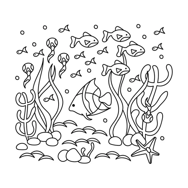 Su altındaki yetişkinler ve büyük çocuklar için boyama kitabı. Denizci vektör motifi. Su altı dünyasının karalamaları, deniz, okyanus, nehir. Balık, deniz kabuğu, deniz yosunu. Tek renkli olsun. Akvaryumlar.
