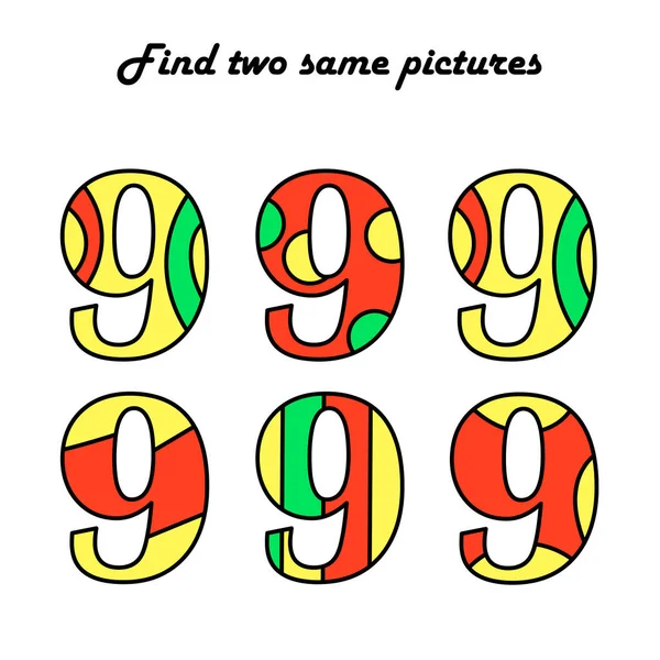 Find Two Same Pictures Puzzle Game Children Numbers Nine Education — Vector de stock