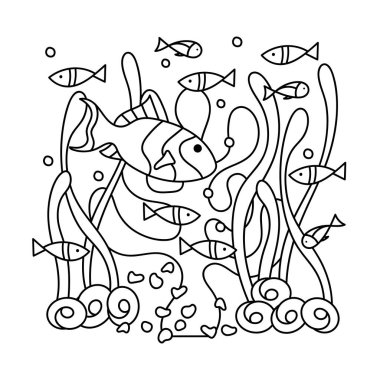 Su altındaki yetişkinler ve büyük çocuklar için boyama kitabı. Denizci vektör motifi. Su altı dünyasının karalamaları, deniz, okyanus, nehir. Balık, deniz kabuğu, deniz yosunu. Tek renkli olsun. Akvaryumlar.