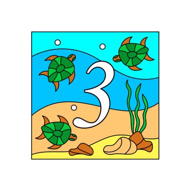 Oyun oynamak ve saymayı öğrenmek için çocukların matematik kartları. Sayılar. - Üç. Eğitim ve eğlence. Su altı dünyası. Vektör illüstrasyonu