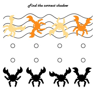 Doğru gölgeyi bulmak çocuklar için eğitici bir oyundur. Yengeçlerle dolu. Vektör illüstrasyonu.