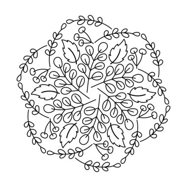 Yetişkinler ve çocuklar için boyama kitabı. Çiçek mandala deseni siyah beyaz. Yapraklar, meyveler, dallar. El çizimi botanik vektör çizimi