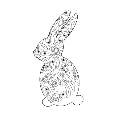 Yetişkinler için boyama kitabı. Şirin Tavşan. Paskalya, Tavşan silueti, sanat terapisi. El çizimi vektör illüstrasyonu.