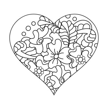 Yetişkinler ve çocuklar için boyama kitabı. Kalp. Çiçeklerle çizilmiş bir süs. Sevgililer Günü tebrik kartı ve diğer tatiller için vektör monokrom Doodle arkaplanı.