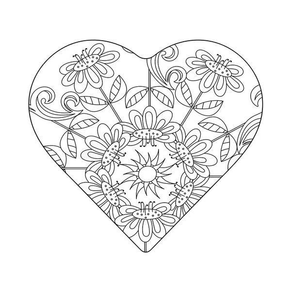 Yetişkinler Için Boyama Kitabı Kalp Çiçeklerle Çizilmiş Bir Süs Sevgililer — Stok Vektör
