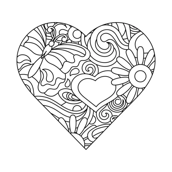 Раскраска для взрослых. Сердце с цветами и бабочкой. Векторная монохромная иллюстрация — стоковый вектор