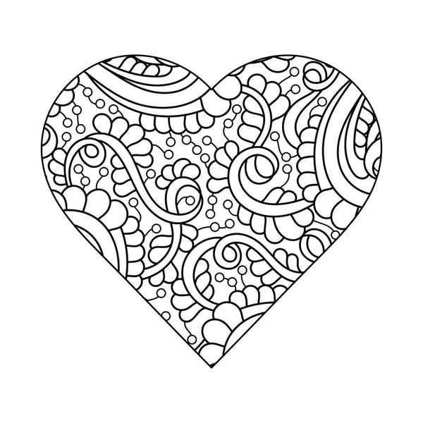 大人向けのぬり絵。愛の心。黒と白の手の装飾的なデザイン要素を描いた — ストックベクタ