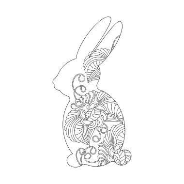 Yetişkinler ve büyük çocuklar için boyama kitabı. Şirin Tavşan. Paskalya, Tavşan silueti, sanat terapisi. El çizimi vektör illüstrasyonu.