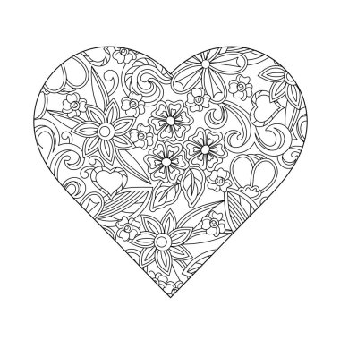 Yetişkinler için boyama kitabı. Kalp. Çiçeklerle çizilmiş bir süs. Sevgililer Günü tebrik kartı ve diğer tatiller için vektör monokrom Doodle arkaplanı