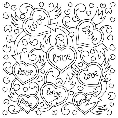 Boyama kitabı. Beyaz arka planda aşk sözcükleri, kalpler, oklar ve soyut elementlerle el çizimi. Vektör illüstrasyonu.