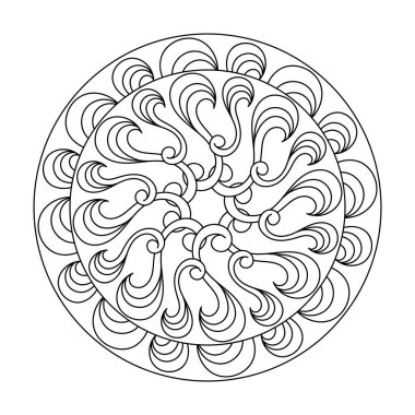 Boyama kitabı. Yuvarlak çizim, karalamalar, bukleler. Mandala, siyah ve beyaz vektör arkaplanı.