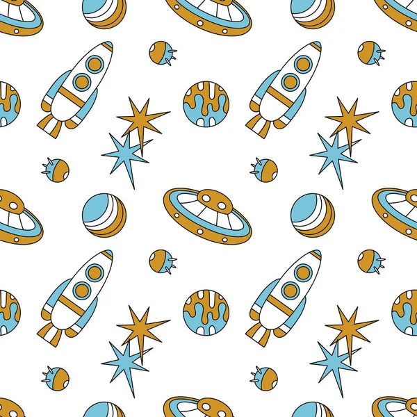 The universe, the cosmos. Seamless pattern. Doodles of planets, stars, spaceships and satellites Vector background,