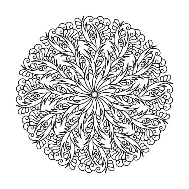 Boyama kitabı sayfası. Karalama tarzında çiçek mandala. Dekor tasarım elementleri. Siyah ve beyaz vektör arkaplanı.
