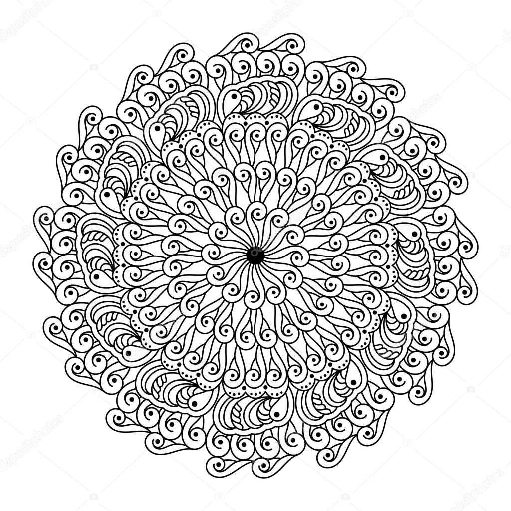 Coloring book for adult. Hand drawn mandala. Coloring page with tribal pattern. Black and White decorative design element. Vector illustration.