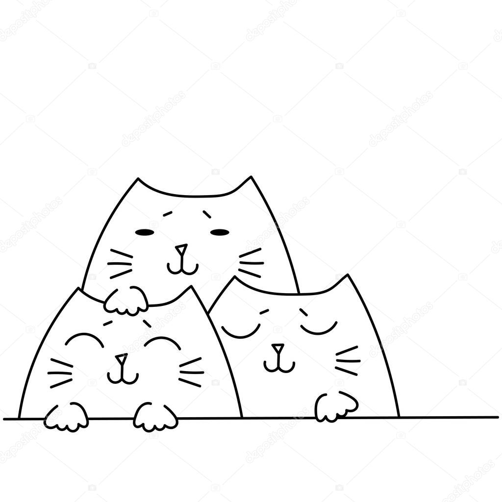 Three Cute cats. Kawaii Pets. Hand drawn minimalist style. For greeting card, poster, pet supplies store. Vector illustration. Black and white.