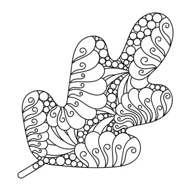 Sonbahar meşesi yaprağı. Yetişkinler ve büyük çocuklar için boyama kitabı. Vektör monokrom soyut illüstrasyon. Siyah ve beyaz.