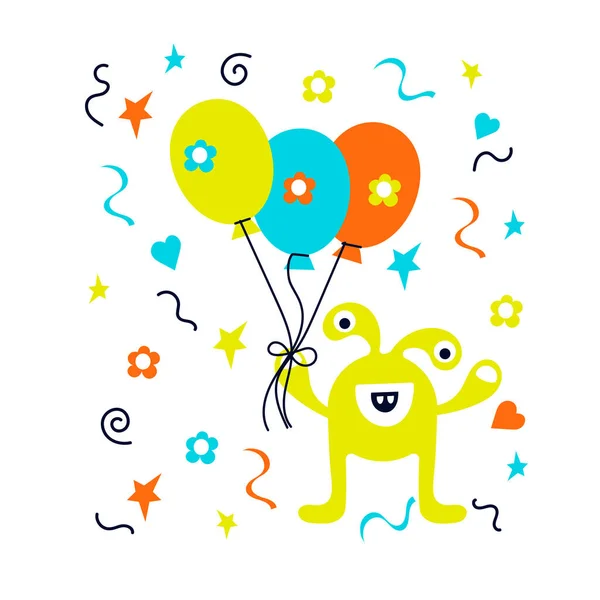 Monstruo Dibujos Animados Lindo Con Globos Tarjeta Felicitación Doodle Childrens — Vector de stock