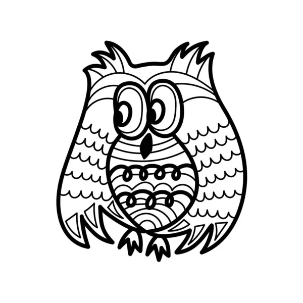 Owl Coloring Book Page Hand Drawn Vector Illustration Kids White — Stock Vector