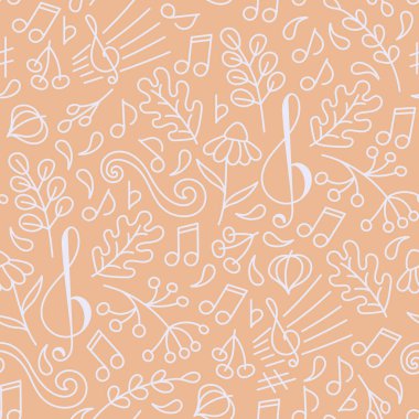 Doodle Pürüzsüz desen. Sonbahar müziği. Bir müzik konseri ya da festivalin arka planı. Meşe yaprağı, böğürtlen, dal, anahtar, müzik işaretleri. El çizimi vektör illüstrasyonu.