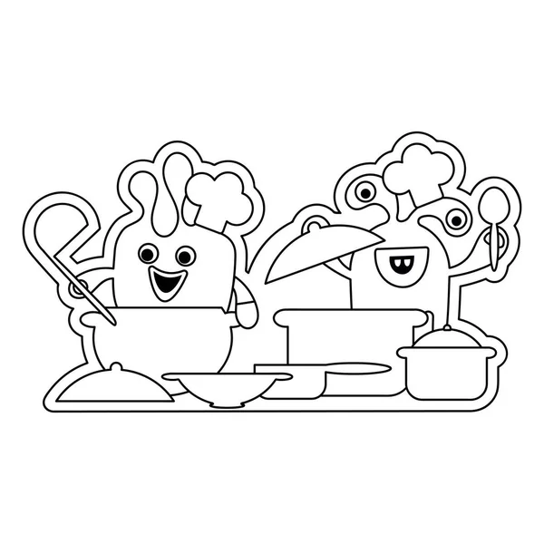 Libro da colorare. I mostri carini stanno preparando il cibo. Posate, stoviglie, cappelli da chef. Illustrazione vettoriale bianco e nero — Vettoriale Stock