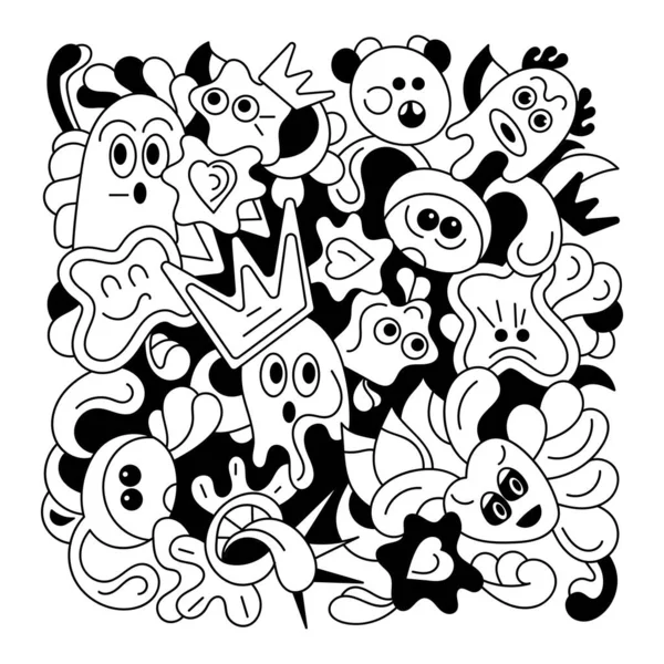 Handritade Doodle Monsters Ansiktskänslor Abstrakta Former Tecknad Vektor Illustartioner Färgläggningsaffisch — Stock vektor