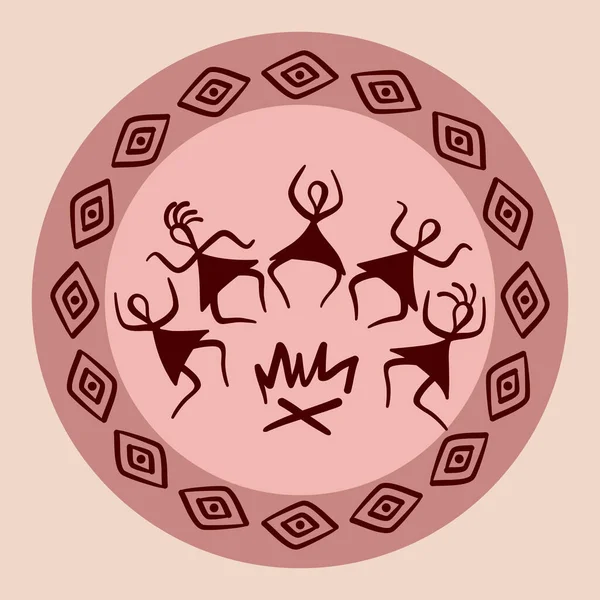 伝統的なインディアンのシンボル 古代部族の原始的な人物 火の周りの伝統的な儀式 火によって古代の人々の踊り 円の中のベクトル手描きイラスト — ストックベクタ