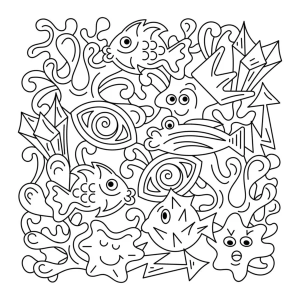 Doodle Malbuch Handgezeichneter Unterwasserhintergrund Vektorseite Zum Färben Von Fischen Algen — Stockvektor