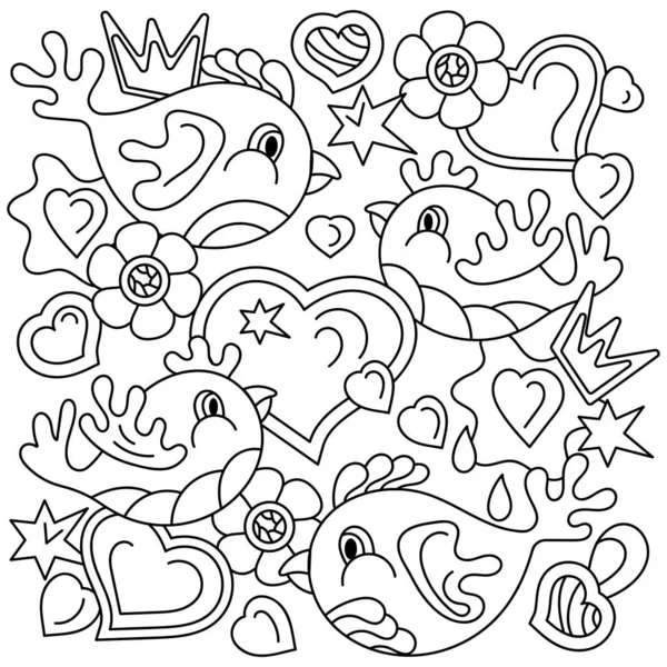 Livro Para Colorir Doodles Birds Flores Corações Formas Abstratas Desenhado — Vetor de Stock