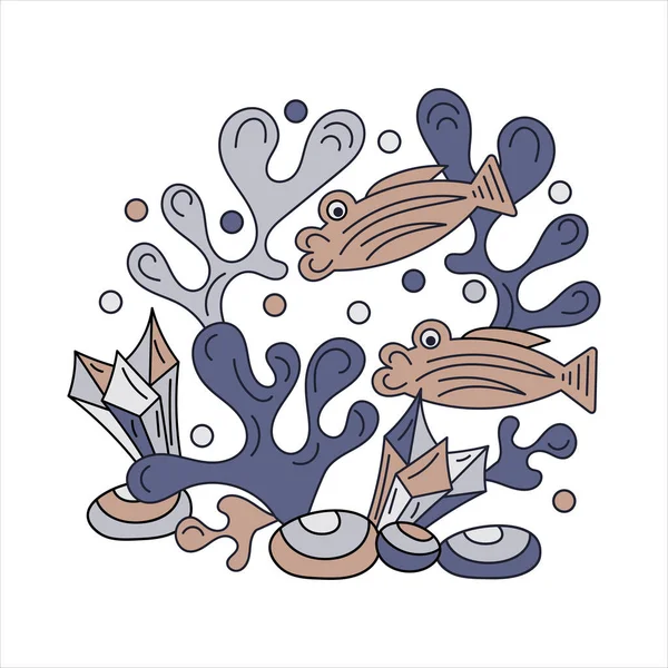 Doodle Fond sous-marin dessiné à la main. Poissons vecteurs, algues, cristaux. Océan ou aquarium — Image vectorielle