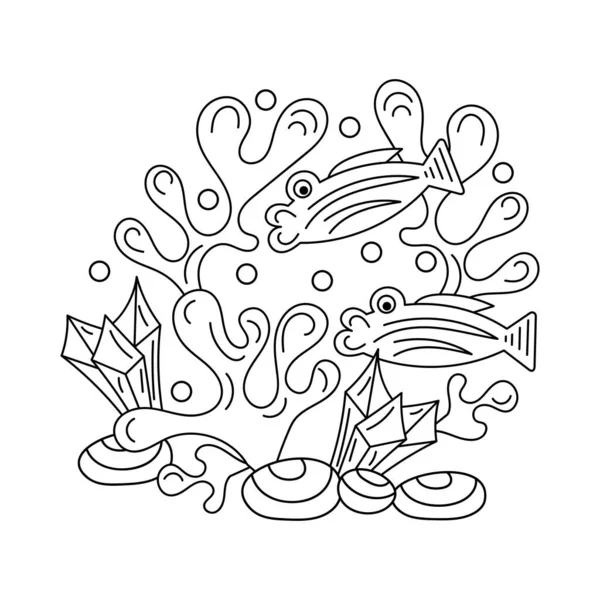 Libro para colorear. Pescado dibujado a mano y algas. Páginas para colorear para niños y adultos. — Vector de stock