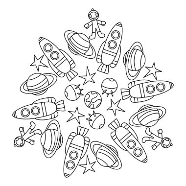 Çocuklar için Cosmos Boyama kitabı. Astronot, uzay gemisi, gezegen yıldızları.