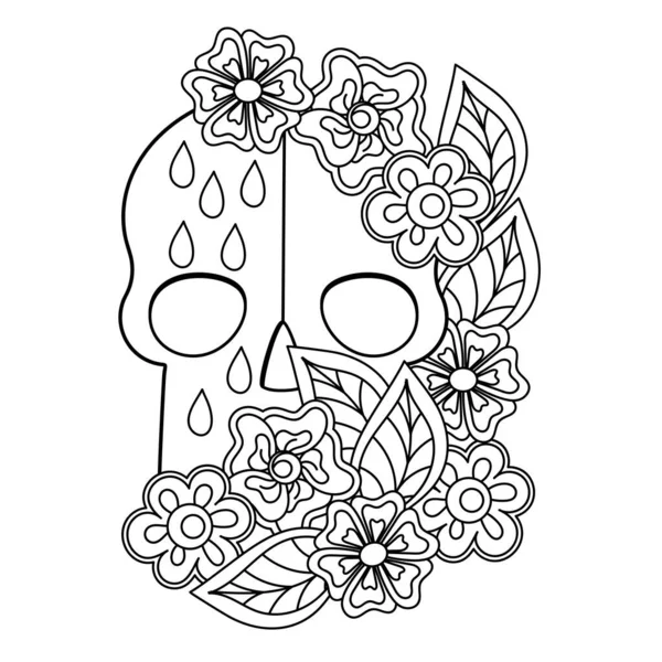 Libro Para Colorear Calavera Flores Dibujado Mano Diseño Blanco Negro — Archivo Imágenes Vectoriales