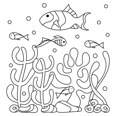 Büyük çocuklar için boyama kitabı, Sualtı. Denizci vektör motifi. Su altı dünyasının karalamaları, deniz, okyanus, nehir. Balık, kabuk ve mercan, yosun ve dalgalar. Tek renkli olsun. Akvaryumlar.