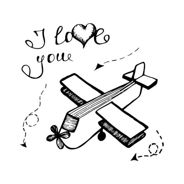 Pozdrav Valentýna Roztomilé Letadlo Bílém Pozadí Ruční Kreslení — Stock fotografie