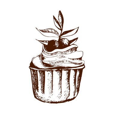 Tatlılar ve fırın seti. Beyaz arka planda el çizimi. Vintage oyma sanat çizimi. Vektör çizimi. Yemek ve restoran tasarımı. Kafe ya da restoran menüsü.